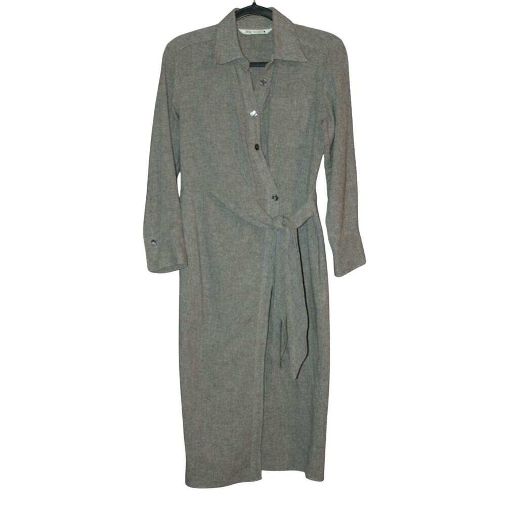 Zara Button Down Dress Long Sleeve Belted Dress XS